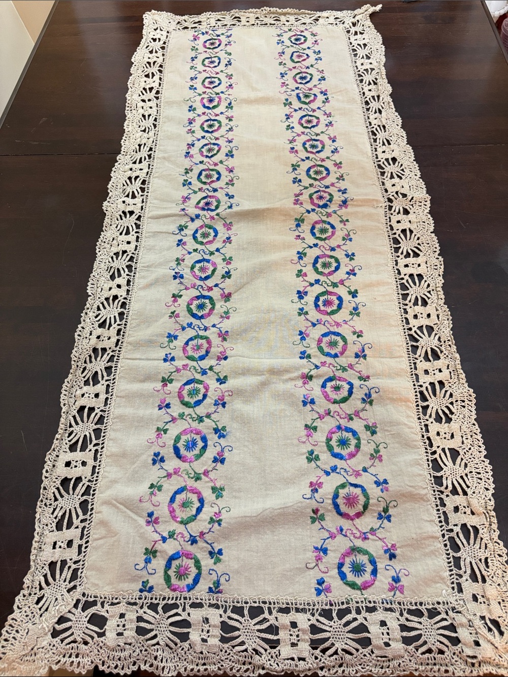 Embroidered Floral Crochet Edge Table Runner - Cream with Pink & Blue